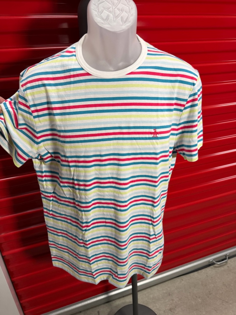 GAP White Crewneck Tee with Red, Blue, Yellow, Green Stripes